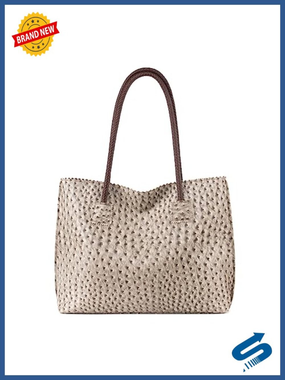 Large Ostrich Vegan Leather Tote Bag with Zipper Braided Handles